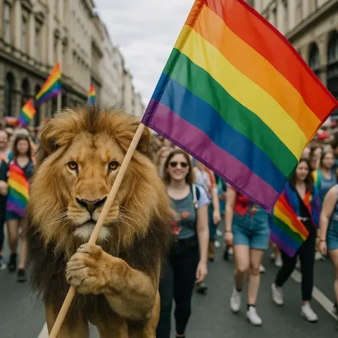 lion waving a pride flag
