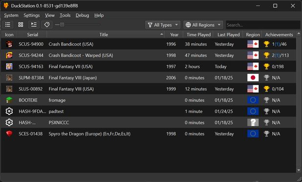 🕶️ A view of its user interface (v. 0.1-8531 with a dark theme) showing a list of games in list view (with icon, name, year, game time, game date, region, and achievements), and its menus at the top.

📚️ A libre, multi-platform SONY PlayStation 1 (PSX, PSone) game console emulator focused on accuracy, playability, maintainability and performance on low-end devices. It requires an external BIOS to operate.It offers an interface (Qt or SDL), Android and libretro support, hardware and software rendering, support for high-resolution widescreen displays, scaling, filtering of textures and true colors (24-bit), force feedback for the joystick and state load/save.