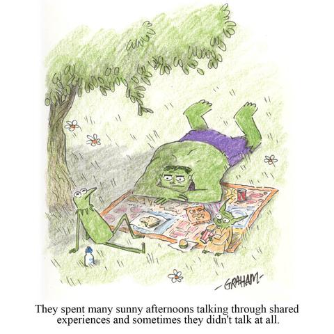 A cartoon illustration of Kermit, the Hulk, and Yoda enjoying a contemplative picnic under the shade of a tree. Caption reads "They spent many sunny afternoons talking through shared experiences and sometimes they didn't talk at all."