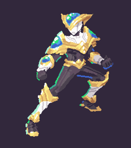 A thin, muscular man in a tokusatsu-style hero costume. The costume is a black bodysuit with a white upper torso, arm guards and leg guards. The helmet has a V shaped gold decoration with a blue crystal section for the forehead, and the torso has a gold decoration spanning it with blue crystal sections on the shoulder. The arm guards have gold upper cuffs with a similar blue crystal, while the leg guards have gold upper and lower cuffs. The feet also have gold soles and there is a gold belt around the waist.