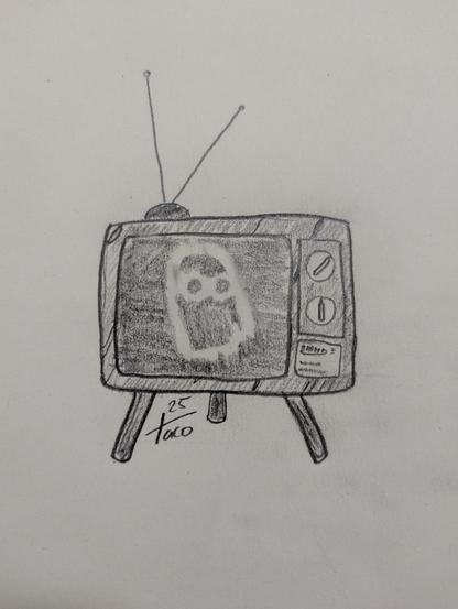 a pencil sketch of an older television set with a picture coming through the static of the ghost from The Pink Opaque from I Saw The TV Glow