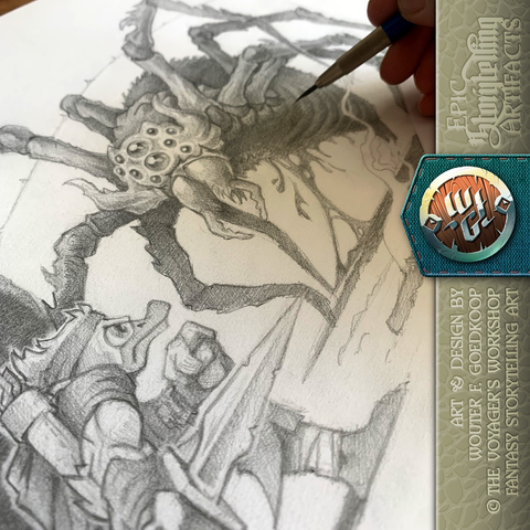 "Deep in the entrails of ancient ruins, a resourceful Mallard hunter weighs in his options as the odds seem to have shifted in the giant horned spider's favour."