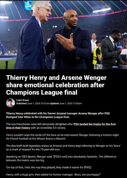 Thierry Henry and Arsene Wenger share emotional celebration after Champions League final