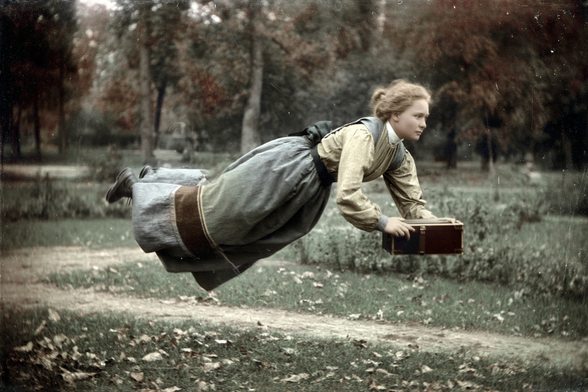 A woman appears to float horizontally above the ground in a park, holding a wooden box.