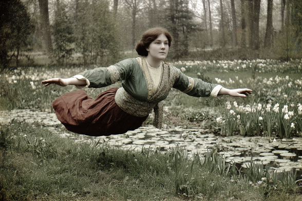A woman in historical attire appears to float horizontally in a garden with trees and lily pads.