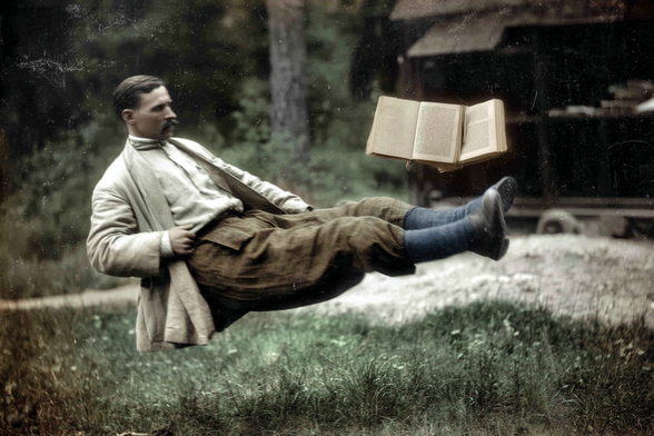A man and two open books appear to be floating in mid-air against a blurred natural background.
