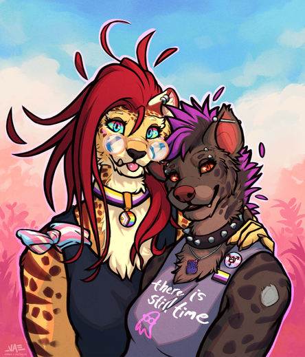A cheetah character and a hyena character standing close together as if posing for a photo. They're both adorned with LGBTQAI+ related flags and accessories. The hyena character has a shirt that depicts a pink ghost with glasses that reads "there is still time"