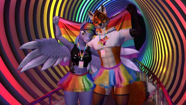 Ember the pegasus and Nuku the ezo/Hokkaido fox posing together for #Pride month in a hallway of rainbow colored light rings. #SecondLife #furry #SLfurry #pansexual