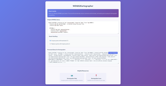 Screenshot of a tool titled WDQS2Kartographer.