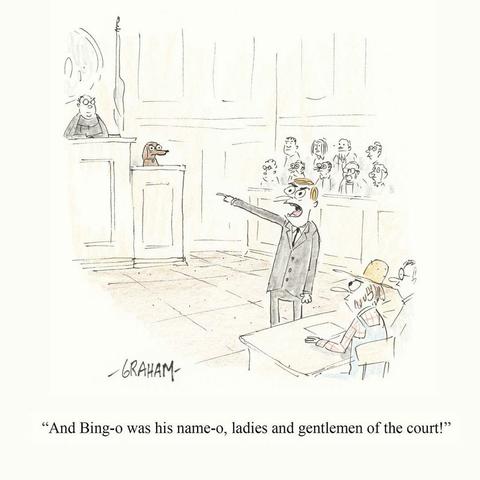 A cartoon illustration of a sad dog sitting on the witness stand in a courtroom as a lawyer points at him yelling. Caption reads "And Bingo-o was his name-o, ladies and gentlemen of the court!"