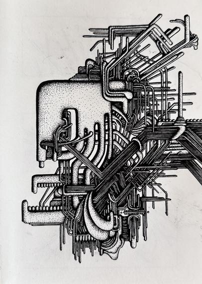 An abstract black and white illustration on paper. The side profile of an unknown entity faces the left side of the page. The form is made up of angular lines and flowing organic forms, tangled up and intertwined. Stippling is used to create shadow and depth.