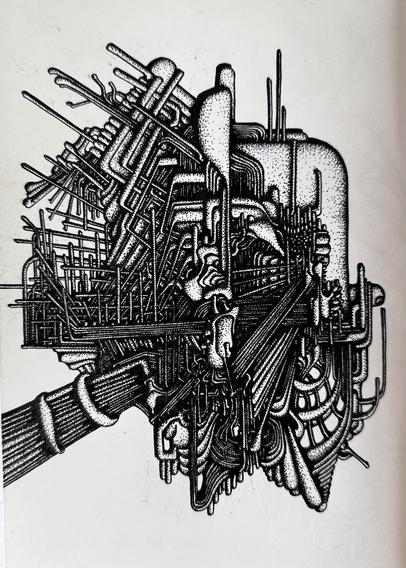 An abstract black and white illustration on paper. The side profile of an unknown entity faces the right side of the page. The form is made up of angular lines and flowing organic forms, tangled up and intertwined. Stippling is used to create shadow and depth.