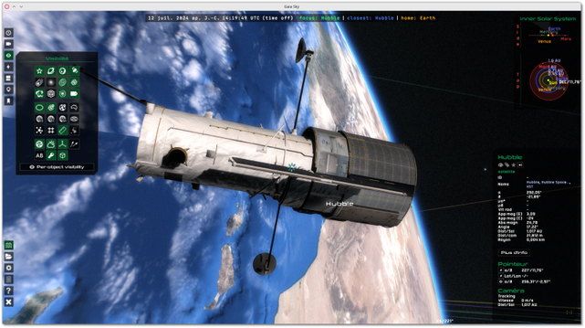 🕶️ A view of its user interface (on my PC) with a view of the Earth, using bump mapping and also showing the clouds and blue halo of the atmosphere around the Earth, with the Hubble telescope in the foreground, all in real time on an ordinary PC configuration.

📚️ Gaia Sky is a libre, multi-platform, real-time 3D astronomical visualization tool, developed for ESA's Gaia mission to map 1,46 billion stars in our galaxy, within the Gaia group of the Astronomisches Rechen-Institut (ZAH, Universität Heidelberg). It features galaxy and asteroid exploration, 6D exploration (star positions, proper motions, radial velocities), planet surface exploration (procedural generation of surface, clouds and atmosphere). It offers advanced H.R. graphics (virtual textures, reflections, shadows, etc.), 3D support (6 stereo modes including VR), several 360° projection and planetarium modes, data import, real-time filtering, SAMP compatibility, gamepads, camera paths. Finally, it's scriptable, extensible and internationalized.