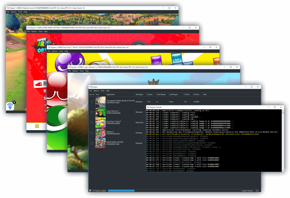 🕶️ Five Ryujinx instances/windows stacked (with a slight offset to reveal their contents) on the screen and 6th window showing a console on top with system messages. The 4 windows below show various games running, the 5th a menu with 4 games ready to be launched.

📚️ Kenji-NX is a libre, multiplatform, single/multi, simple and experimental Nintendo Switch emulator whose aim is to provide excellent accuracy and performance, a user-friendly interface and consistent builds. In May 2024 - Ryujinx, from which it originated, has been tested on almost 4,100 commercial titles, of which around 3,550 are considered playable. This fork is not a Ryujinx rebirth project; it aims to be a middle ground between GreemDev's Ryujinx fork and the more conservative ryujinx-mirror fork. It incorporates many of their features, with additional contributions from KeatonTheBot and others.
