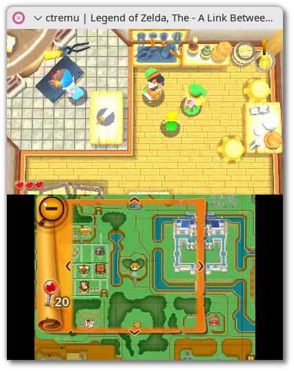 🕶️ A view of the user interface at the beginning of Legend Of Zelda, A Link Between Worlds: Link is in his father's forge, after he has asked him to return a sword he has forgotten to his client.

📚️ Tanuki3DS (ex ctremu) is a libre, multi-platform emulator of the Nintendo 3DS focusing on simplicity, speed and compatibility. It features a HLE BIOS (does not require an external BIOS to run). Development began in August 2024 (no menus or sound yet, command-line startup). It supports gamepads and video upscaling. Many games work, but many suffer from a series of bugs ranging from graphical problems to crashes, and audio is not yet supported.