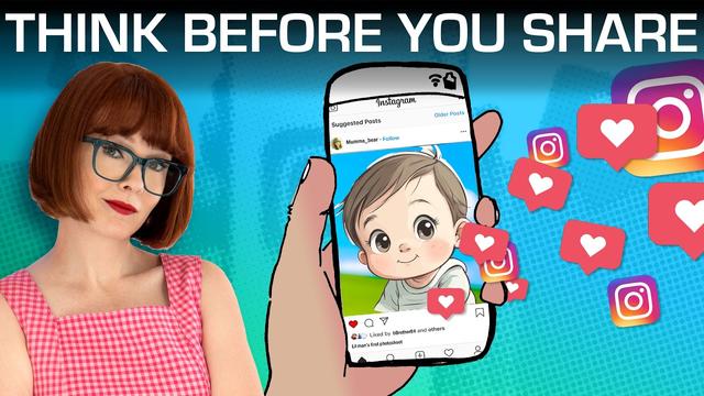 A woman with a bob haircut and glasses poses alongside a smartphone displaying an Instagram post of a cartoon child. The image features text that reads "THINK BEFORE YOU SHARE" and various social media reaction icons, such as hearts and Instagram logos.