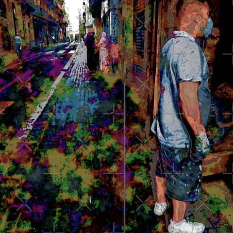 Barcelona digital edited street photography, made with the GNU Image Manipulation Program + Corvo's Painting 5 + Grid BW Color (G'MIC-Qt).