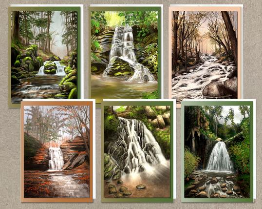 Product photograph of six waterfall-themed illustrated waterfall greeting cards arranged side-by-side on a kraft paper background. Dominant colors are greens, browns, and soft rustic oranges.