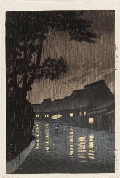 Woodblock print of a man walking home under an umbrella in the rain at night.

Image thanks - https://ukiyo-e.org/