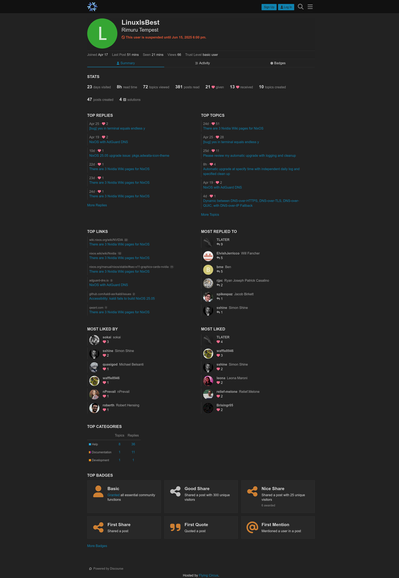 Screenshot of my profile on NixOS Support Forums. All my post were highly rated, as I both asked for help, then helped myself without help from anyone.  I spent more time trying to avoid entering debates.