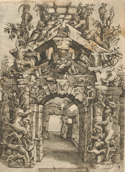 A portal from a book about architecure (VD16 D 1691) from 1594. The portal looks antique, almost rotten, at least damaged, and wild animals are part of the portal: a tiger, a bat, a deer and so on. 
Source: https://www.digitale-sammlungen.de/de/view/bsb00087696?page=9