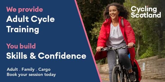 Woman enjoying cycling a bicycle on poster for adult cycle training