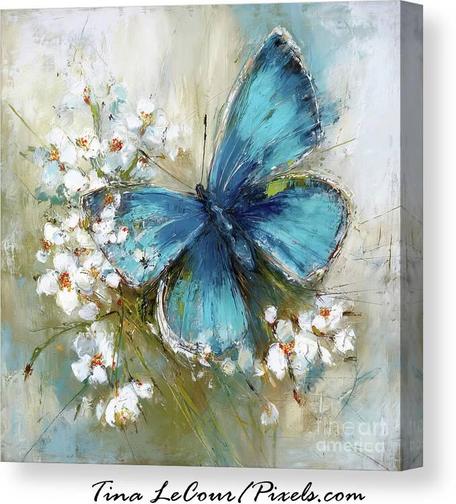 This is a canvas of a pretty painted blue azure butterfly perched on some tiny white blossom flowers.