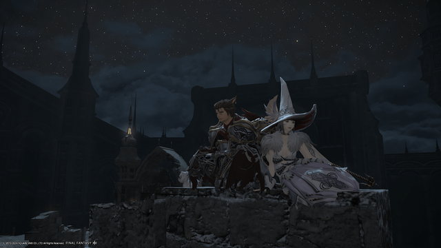 Zwei Miqo'te (Katzenmenschen) sitzen nebeneinander bei Nacht in der Stadt Ishgard auf einer Mauer. Er in kriegerlicher Rüstung und sie in einer weißen Robe als Heilerin.

Ishgard ist eine Stadt mit massiven Gemäuern, welche man distanziert im Hintergrund erkennen kann. Die Umgebung ist bedeckt mit einer kleinen Schicht Schnee. Ishgard wirkt kalt und heruntergekommen, da die Stadt kurz vor dem Zerfall steht. Zudem liegt die Stadt in dem Gebiet Coerthas, ein Gebiet, indem starke Schneefälle normal sind.