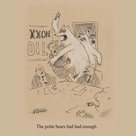 A cartoon illustration of a gang of polar bears storming a meeting of oil executives and mauling them. Caption reads "The polar bears had had enough."