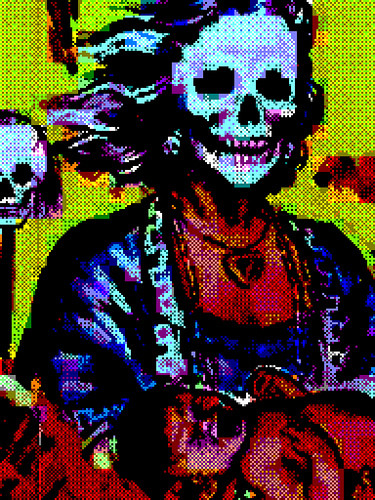 Ilustración en pixels de una mujer con una cara de calavera sosteniendo un bebé llorando en colores brillantes