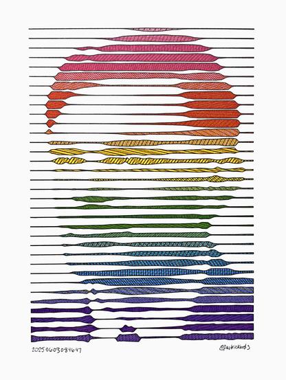 An abstract portrait of Alan Turing comprised of 34 horizontal lines that modulate thicker or thinner based on the portrait and are one shade of a rainbow continuous outlined in black. The shading is from cross hatching of pen strokes of cyan, yellow, and magenta inks.