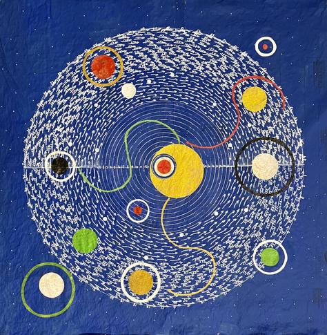 a geometric artwork of colorful circles on a blue background