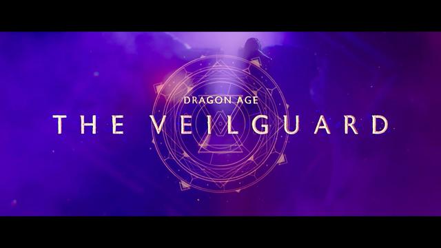 An image featuring the title "Dragon Age: The Veilguard" against a backdrop of purple hues and a mystical circular design. The overall aesthetic evokes a fantasy theme.