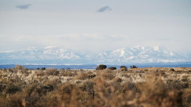 A vast desert landscape with sparse shrubs in the foreground and snow-capped mountains in the distance under a cloudy sky.