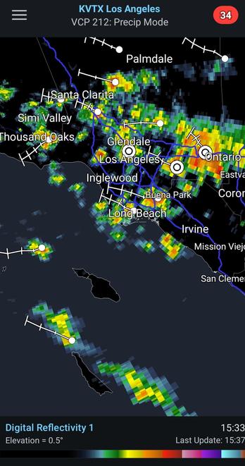 Radar showing widespread rain in the LA basin