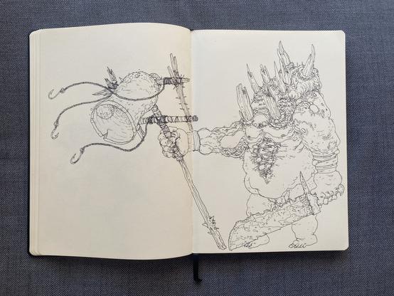 Dibujo en tinta de una criatura humanoide grotesca con muchos pliegues de la piel y postulas. Con una espada en una mano y una estructura de palos con una campana y unas cuerdas con grandes anzuelos