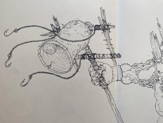 Dibujo en tinta de una criatura humanoide grotesca con muchos pliegues de la piel y postulas Detalle mano con campana
