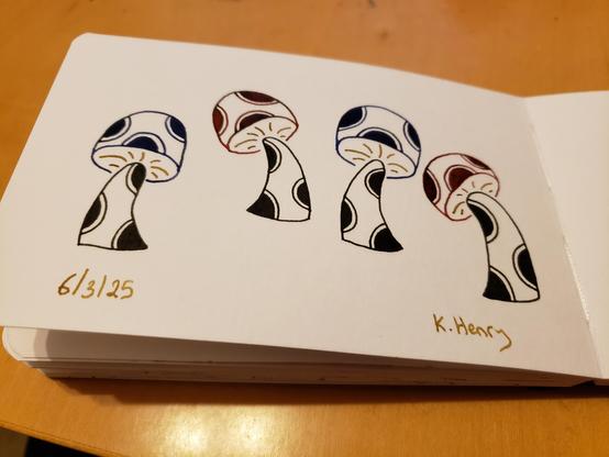 Hand drawn generative/procedural art in ink on an open page of a sketchbook. The abstract pattern looks a bit like mushrooms with polka dots on the stems and caps.