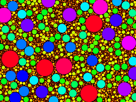 A "circle packing" abstract compsition. A black rectangular canvas is covered with random circles colorful of different sizes, non-overlapping. The hue changes with size.