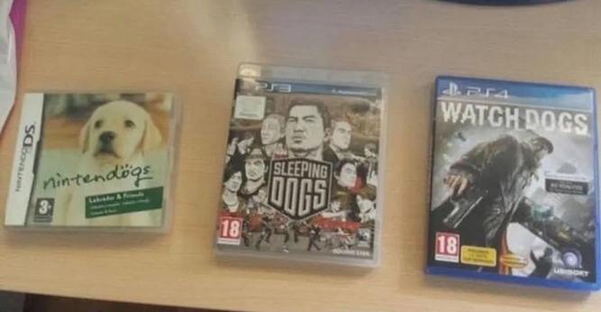 La imagen muestra tres juegos con "dogs" en el título, formando una secuencia divertida por su contraste:

1. Nintendogs – Juego tierno de cuidar perritos.

2. Sleeping Dogs – Juego de acción y crimen.

3. Watch Dogs – Juego de hackers y tecnología.