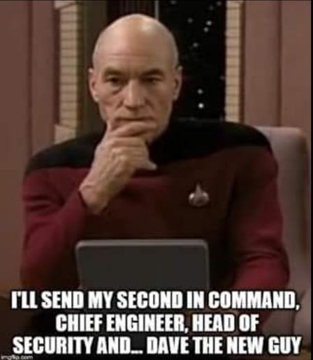 Photo of Captain Picard looking pensive as he sits at his desk, studying his computer screen. Meme caption reads, "I'll send my Second in Command, Chief Engineer, Head of Security, and... Dave the new guy."