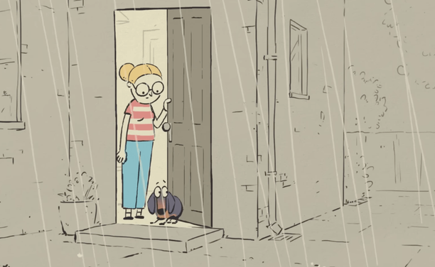 A cartoon illustration shows a person in glasses and a striped shirt standing in an open doorway holding a leash, while a small dachshund sits reluctantly at their feet as heavy rain falls outside.