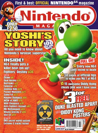 Front cover for Nintendo Official Magazine 65 - February 1998 (UK) , featuring Yoshi's Story on Nintendo 64