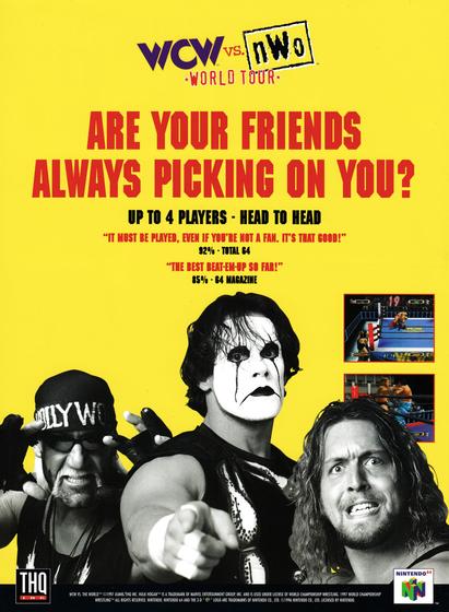 Back cover for Nintendo Official Magazine 65 - February 1998 (UK), featuring an advertisement for WCW vs nWo World Tour on Nintendo 64
