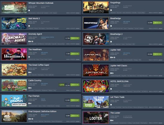 1. Whisper Mountain Outbreak
2. Wall World 2
3. Anomaly Agent
4. The Headliners
5. The Great Coffee Caper
6. Cattle Country
7. Pup Champs
8. Final Outpost: Definitive Edition
9. Forgotlings
10. Breathedge
11. Breathedge 2
12. Jupiter Hell
13. Jupiter Hell Classic
14. HOTEL BARCELONA
15. Let Them Trade
16. The Looter