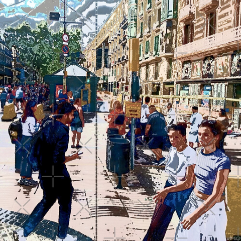 Barcelona digital edited street photography, made with the GNU Image Manipulation Program + Corvo's Painting 5 + Grid BW Color (G'MIC-Qt).