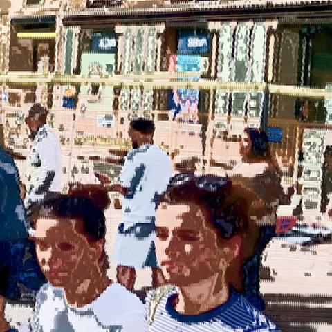 Barcelona digital edited street photography, made with the GNU Image Manipulation Program + Corvo's Painting 5 + Grid BW Color (G'MIC-Qt).