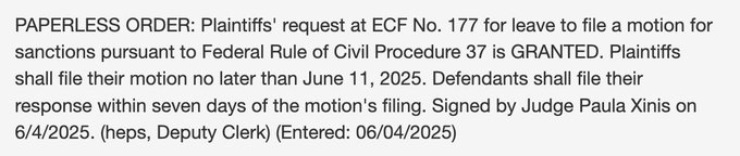 A legal document titled "PAPERLESS ORDER" detailing a court decision regarding plaintiffs' request to file a motion for sanctions. It states deadlines for filing motions and responses, and is signed by Judge Paula Xinis, dated June 4, 2025…
