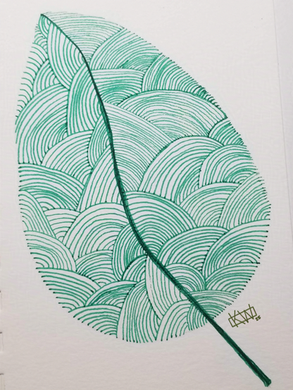 Green ink line art of a large leaf shaped from sections of concentric arcs.