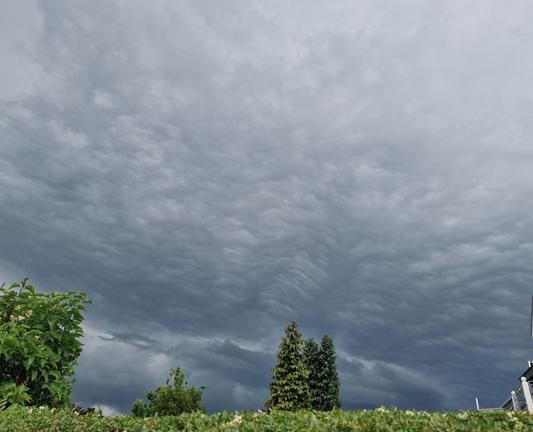 Das Bild zeigt eine dramatische Szene mit einem bedrohlichen Gewitterhimmel, der von dichten, dunklen Wolken dominiert wird. Diese Wolken haben eine charakteristische, wellenförmige Struktur, die typisch für eine Supercell ist, eine Art Gewitter, das häufig mit starken Winde und Gewittern verbunden ist. Der Himmel ist fast vollständig bedeckt, was auf bevorstehende Regen oder ein Gewitter hinweist. Im Vordergrund sind grüne Bäume und Sträucher zu sehen, die einen Kontrast zur dunklen Wolkenlandschaft bilden. Die Vegetation ist gesund und grün, was auf eine fruchtbare Umgebung hinweist. Im rechten Bildrand ist ein Teil eines Gebäudes sichtbar, was darauf hindeutet, dass das Bild in einer Wohngegend aufgenommen wurde. Die gesamte Szene vermittelt ein Gefühl von Unruhe und Spannung, da die Wolken eine bedrohliche Atmosphäre schaffen.